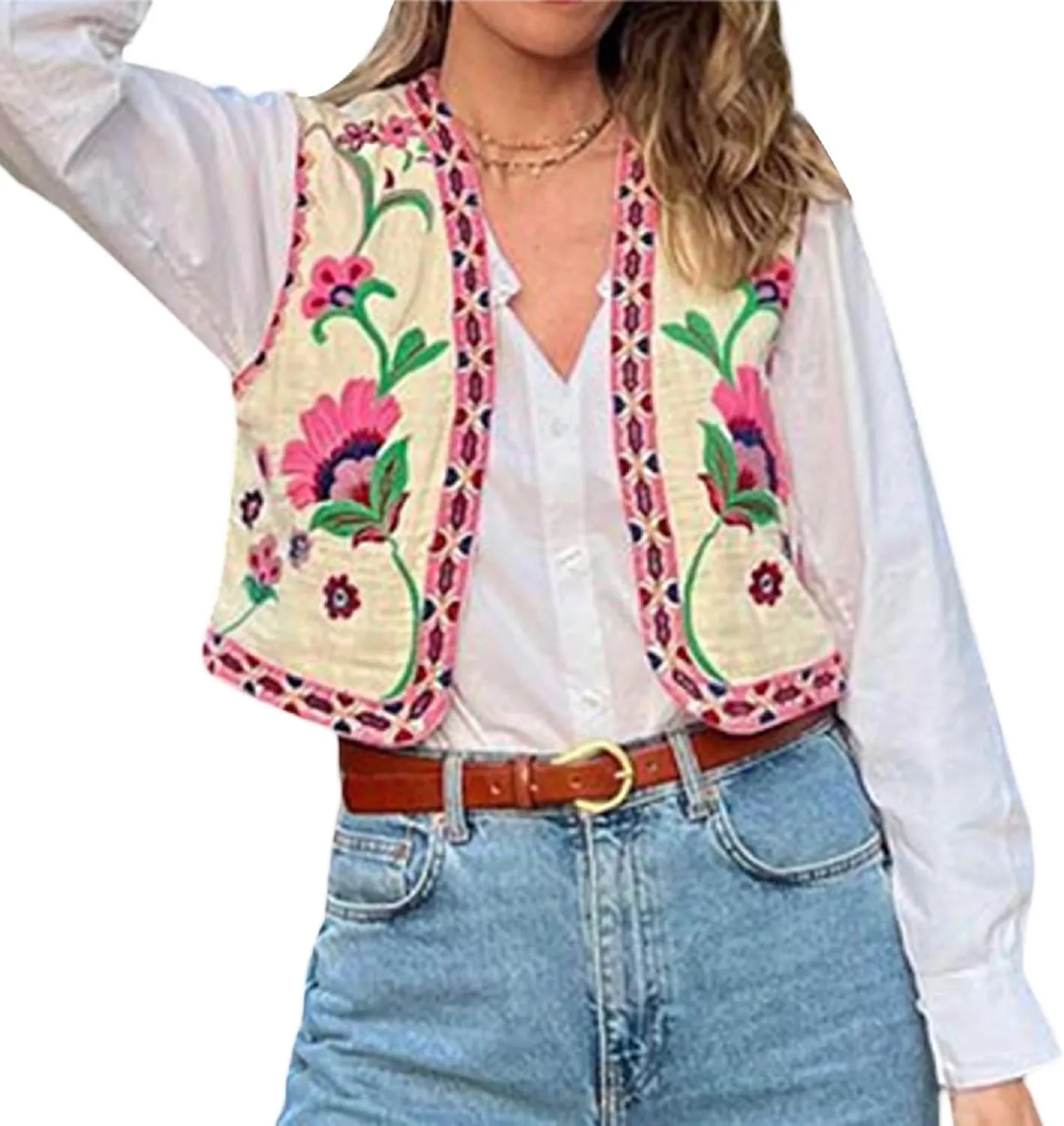 Women Y2k Floral Embroidered Crop Vest Sleeveless Open Front Flower Linen Short Vest Cardigans Tops Streetwear