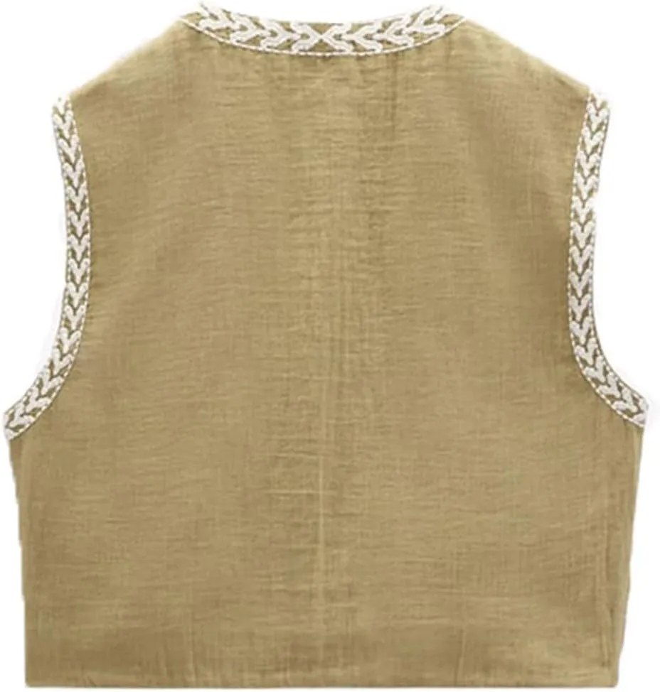 Women Y2k Floral Embroidered Crop Vest Sleeveless Open Front Flower Linen Short Vest Cardigans Tops Streetwear