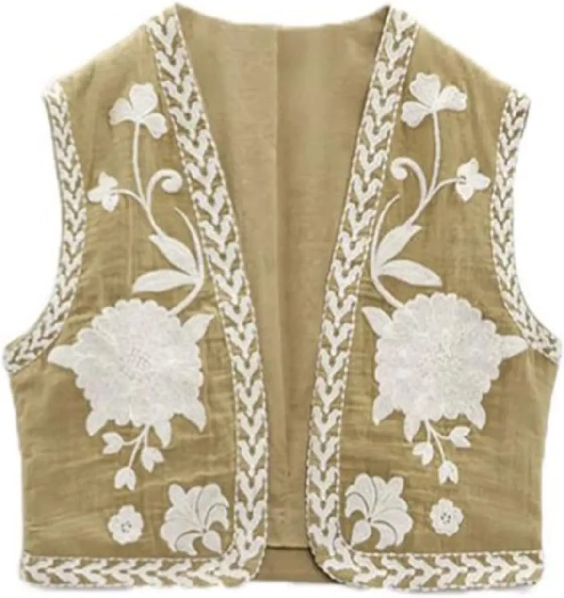 Women Y2k Floral Embroidered Crop Vest Sleeveless Open Front Flower Linen Short Vest Cardigans Tops Streetwear