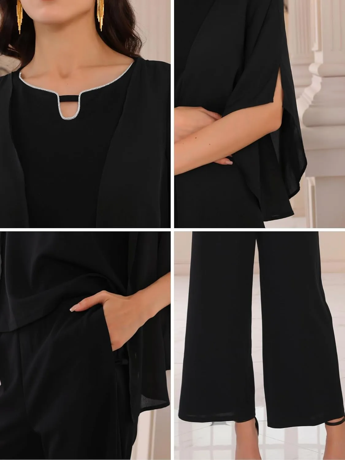 Women's 2 Pieces Sets Elegant Chiffon Sleeve Top Wide Legs Pants Mother of Bride Suits