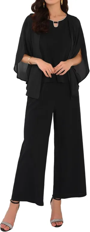 Women's 2 Pieces Sets Elegant Chiffon Sleeve Top Wide Legs Pants Mother of Bride Suits