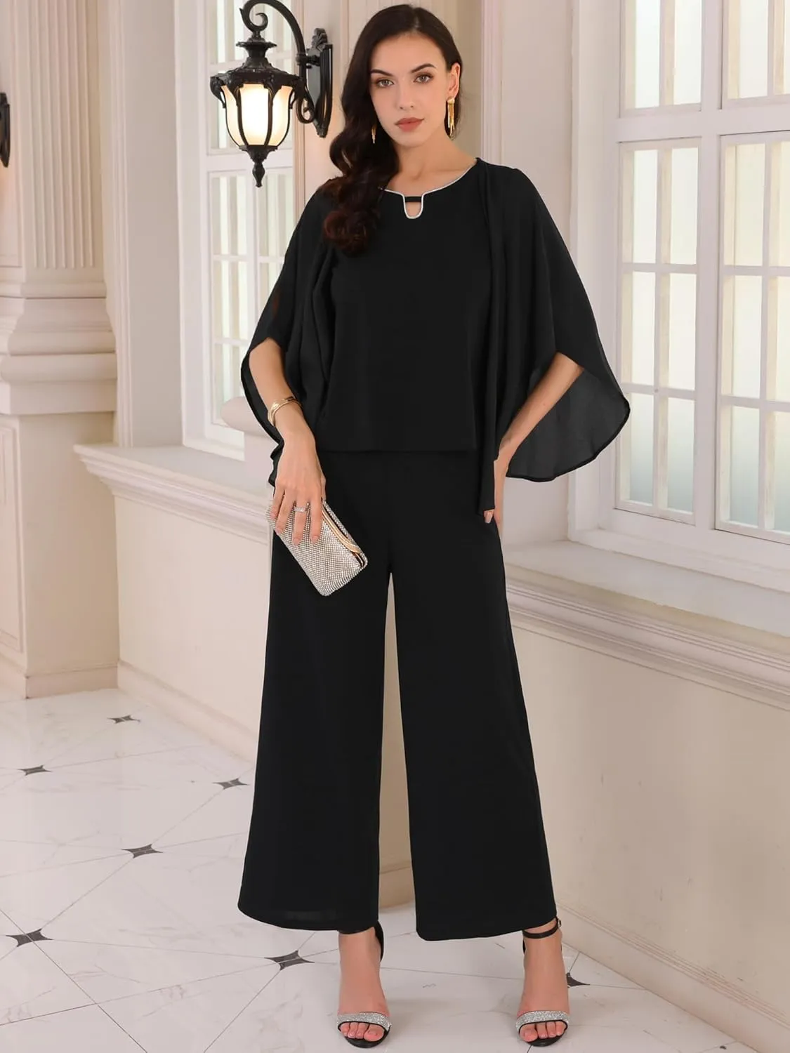 Women's 2 Pieces Sets Elegant Chiffon Sleeve Top Wide Legs Pants Mother of Bride Suits