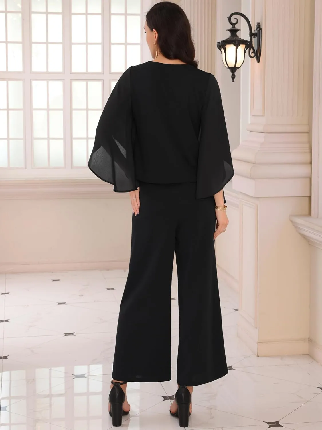Women's 2 Pieces Sets Elegant Chiffon Sleeve Top Wide Legs Pants Mother of Bride Suits
