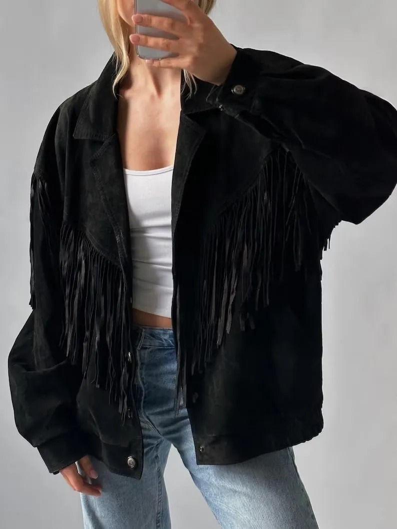 Women's 90'S Ultra Vintage Western Fringe Suede Jacket - Oversized Black Cowboy Style Coat