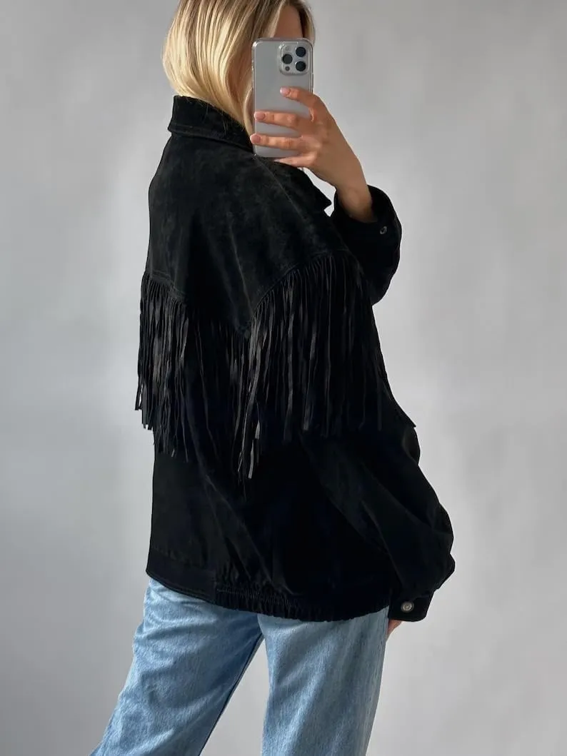 Women's 90'S Ultra Vintage Western Fringe Suede Jacket - Oversized Black Cowboy Style Coat