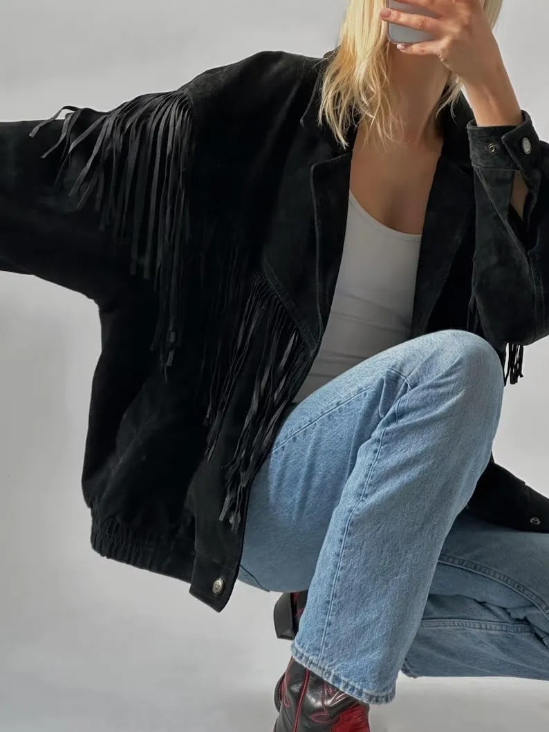 Women's 90'S Ultra Vintage Western Fringe Suede Jacket - Oversized Black Cowboy Style Coat