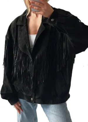 Women's 90'S Ultra Vintage Western Fringe Suede Jacket - Oversized Black Cowboy Style Coat