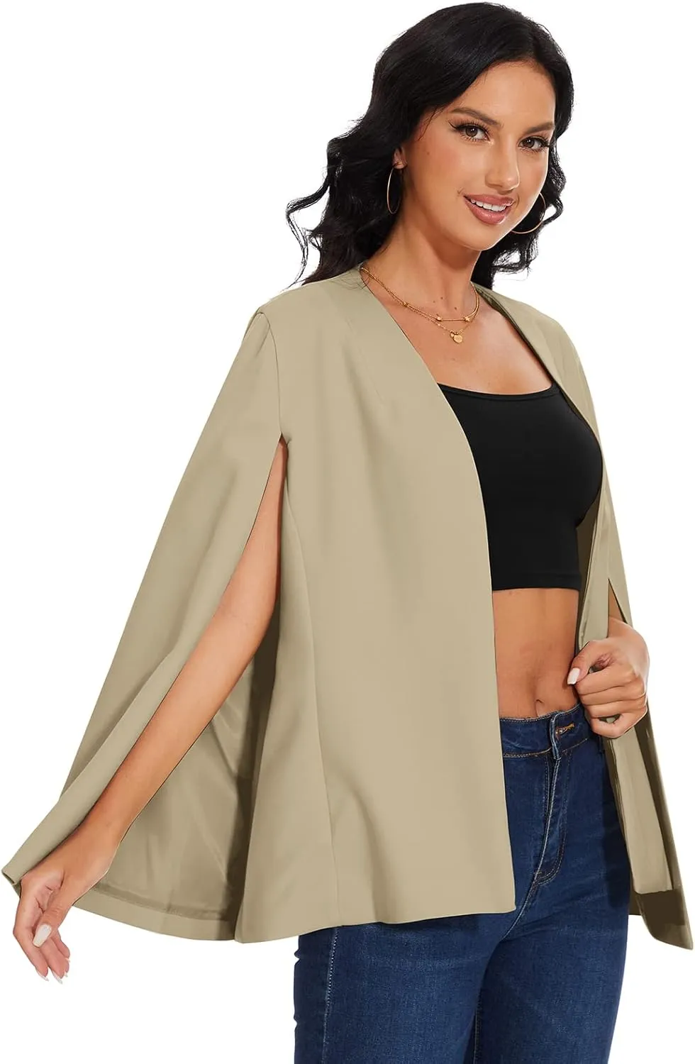 Womens Cape Blazer - Split Sleeve Open Front Casual Jacket Coat Workwear Elegant Formal Cape Coat