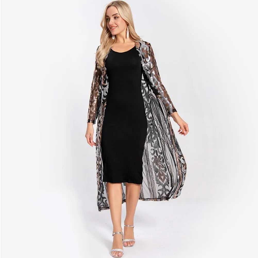 Women's Cardigan Sparkle Sequins Open Front Long Sleeve Cardigan Coat Dress for Evening Party
