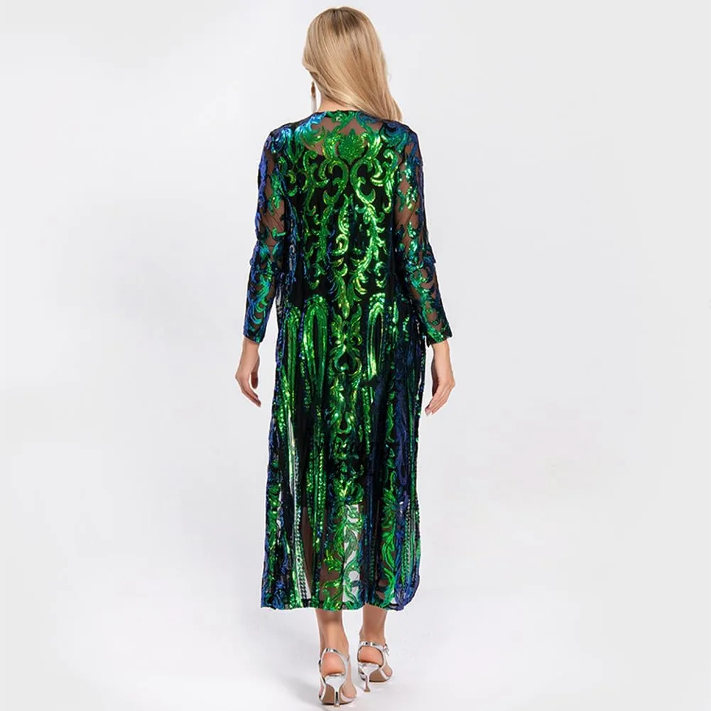 Women's Cardigan Sparkle Sequins Open Front Long Sleeve Cardigan Coat Dress for Evening Party