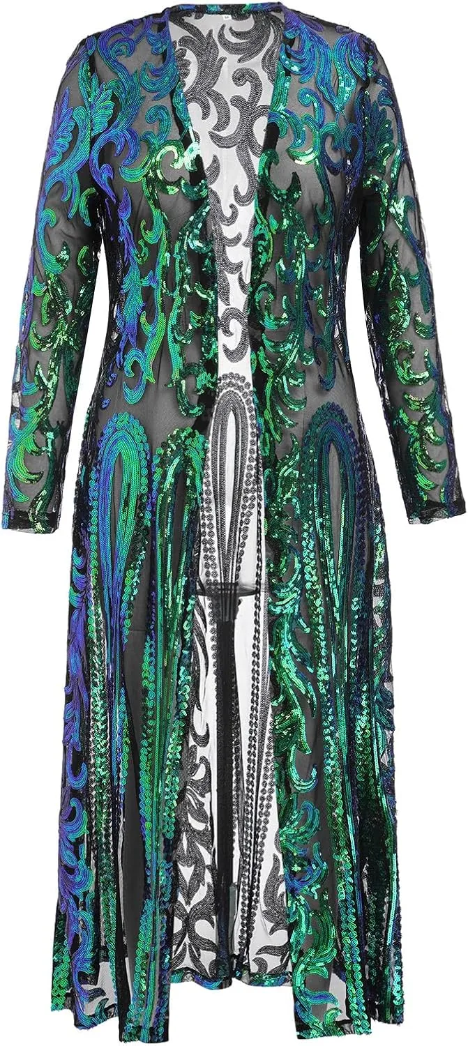 Women's Cardigan Sparkle Sequins Open Front Long Sleeve Cardigan Coat Dress for Evening Party