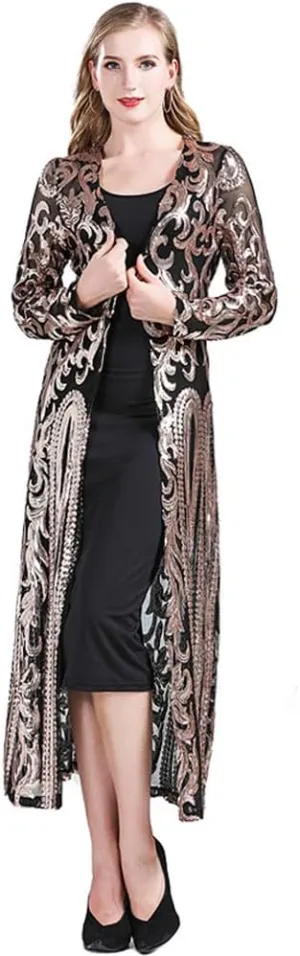 Women's Cardigan Sparkle Sequins Open Front Long Sleeve Cardigan Coat Dress for Evening Party