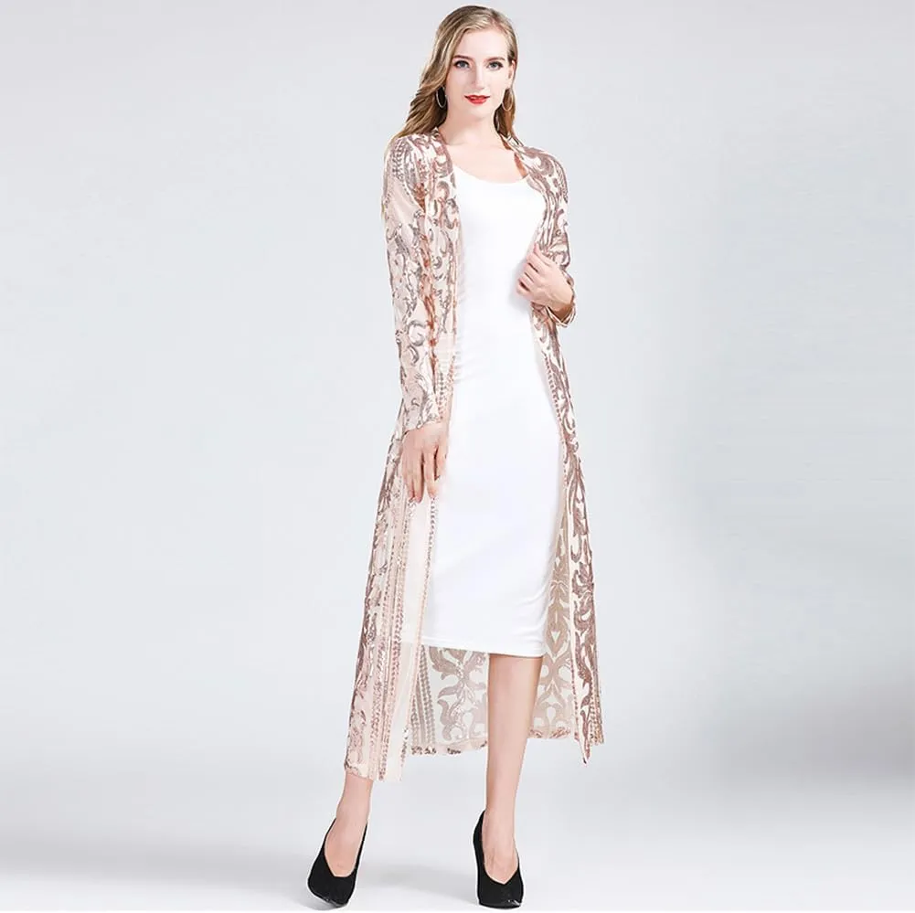 Women's Cardigan Sparkle Sequins Open Front Long Sleeve Cardigan Coat Dress for Evening Party