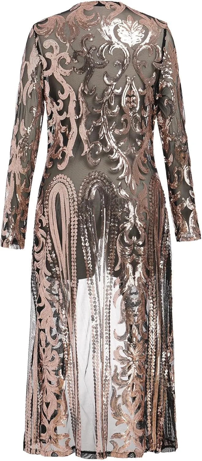 Women's Cardigan Sparkle Sequins Open Front Long Sleeve Cardigan Coat Dress for Evening Party