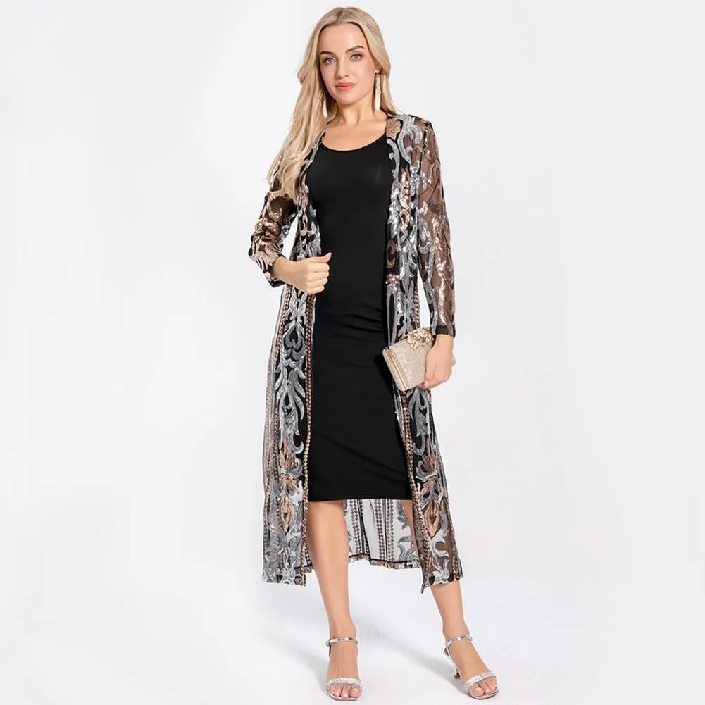 Women's Cardigan Sparkle Sequins Open Front Long Sleeve Cardigan Coat Dress for Evening Party