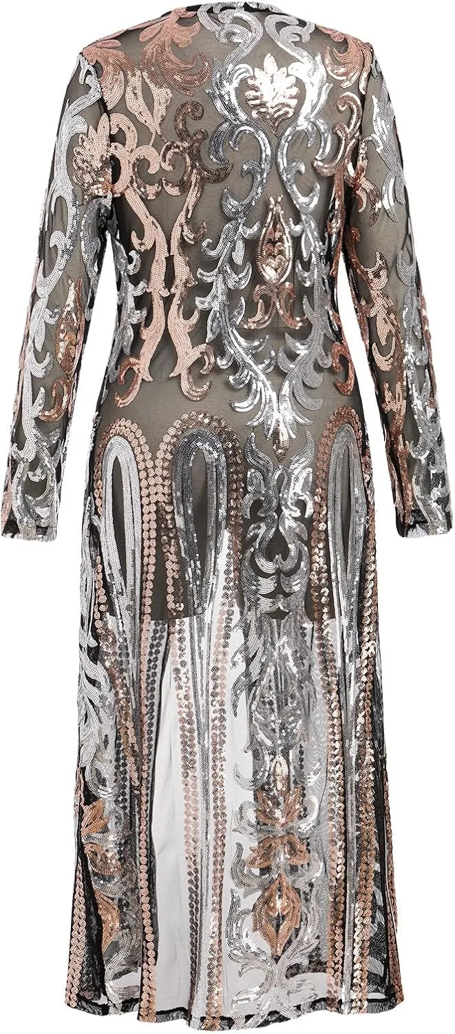 Women's Cardigan Sparkle Sequins Open Front Long Sleeve Cardigan Coat Dress for Evening Party