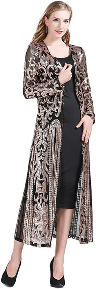 Women's Cardigan Sparkle Sequins Open Front Long Sleeve Cardigan Coat Dress for Evening Party