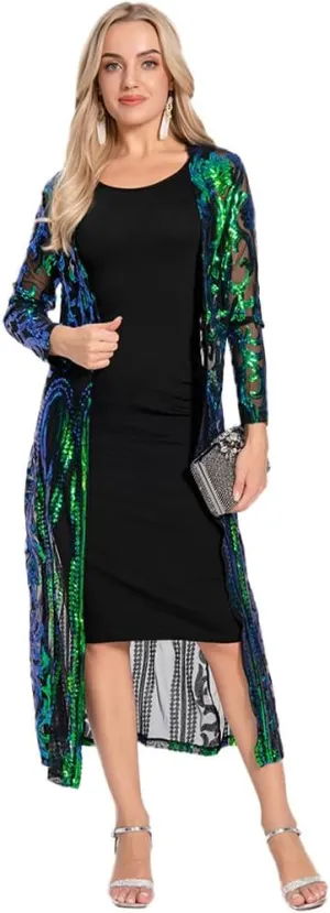 Women's Cardigan Sparkle Sequins Open Front Long Sleeve Cardigan Coat Dress for Evening Party
