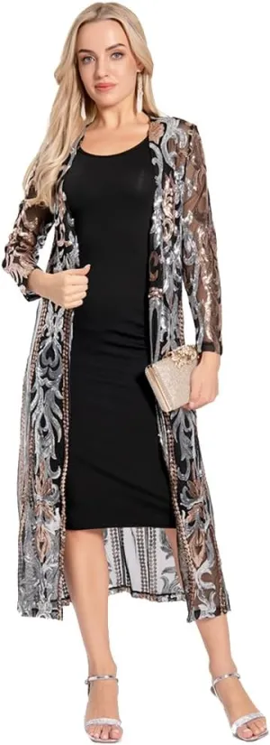 Women's Cardigan Sparkle Sequins Open Front Long Sleeve Cardigan Coat Dress for Evening Party