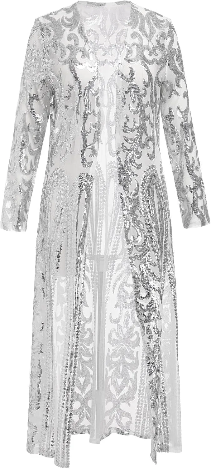 Women's Cardigan Sparkle Sequins Open Front Long Sleeve Cardigan Coat Dress for Evening Party