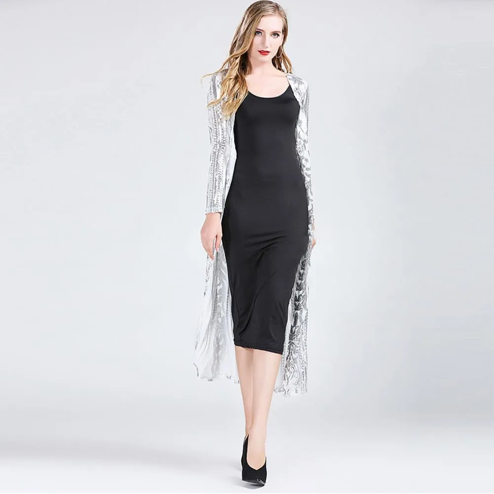 Women's Cardigan Sparkle Sequins Open Front Long Sleeve Cardigan Coat Dress for Evening Party