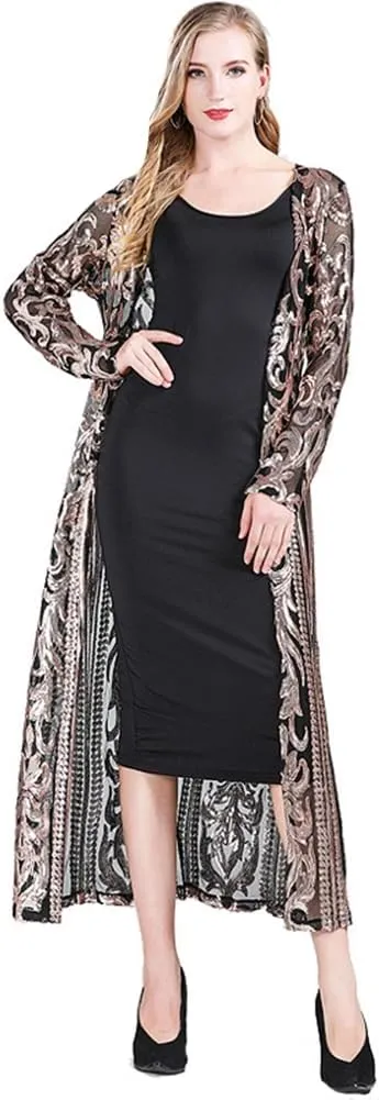 Women's Cardigan Sparkle Sequins Open Front Long Sleeve Cardigan Coat Dress for Evening Party
