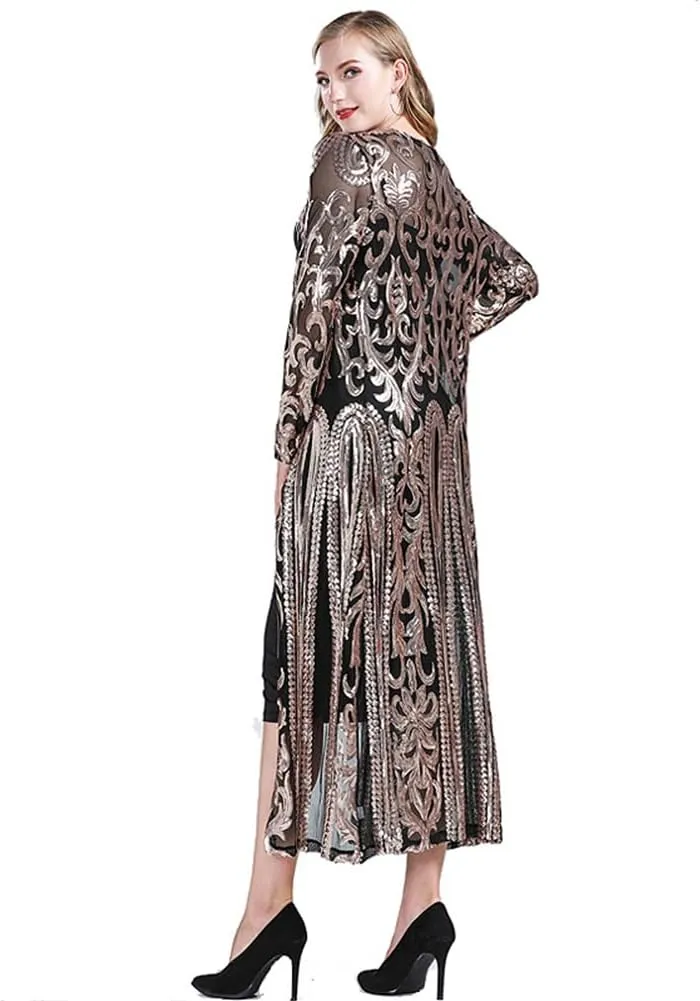 Women's Cardigan Sparkle Sequins Open Front Long Sleeve Cardigan Coat Dress for Evening Party
