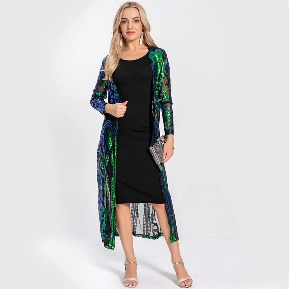 Women's Cardigan Sparkle Sequins Open Front Long Sleeve Cardigan Coat Dress for Evening Party