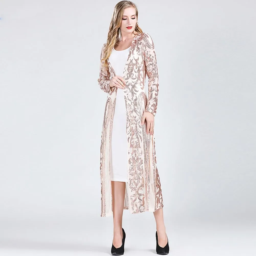 Women's Cardigan Sparkle Sequins Open Front Long Sleeve Cardigan Coat Dress for Evening Party