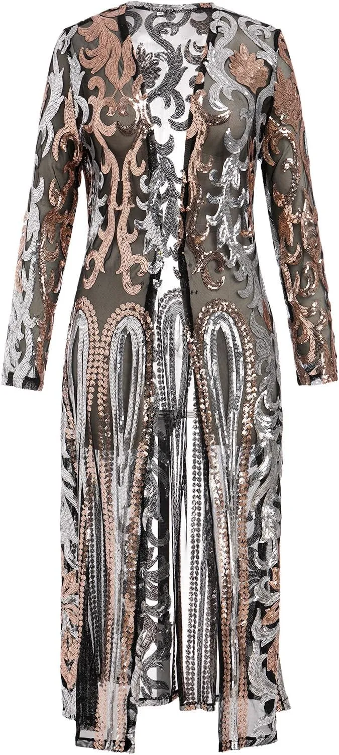 Women's Cardigan Sparkle Sequins Open Front Long Sleeve Cardigan Coat Dress for Evening Party