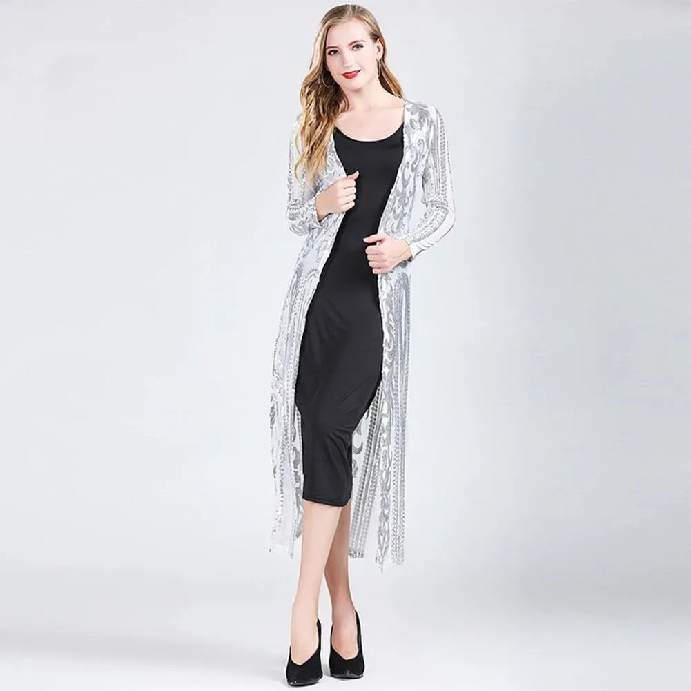 Women's Cardigan Sparkle Sequins Open Front Long Sleeve Cardigan Coat Dress for Evening Party