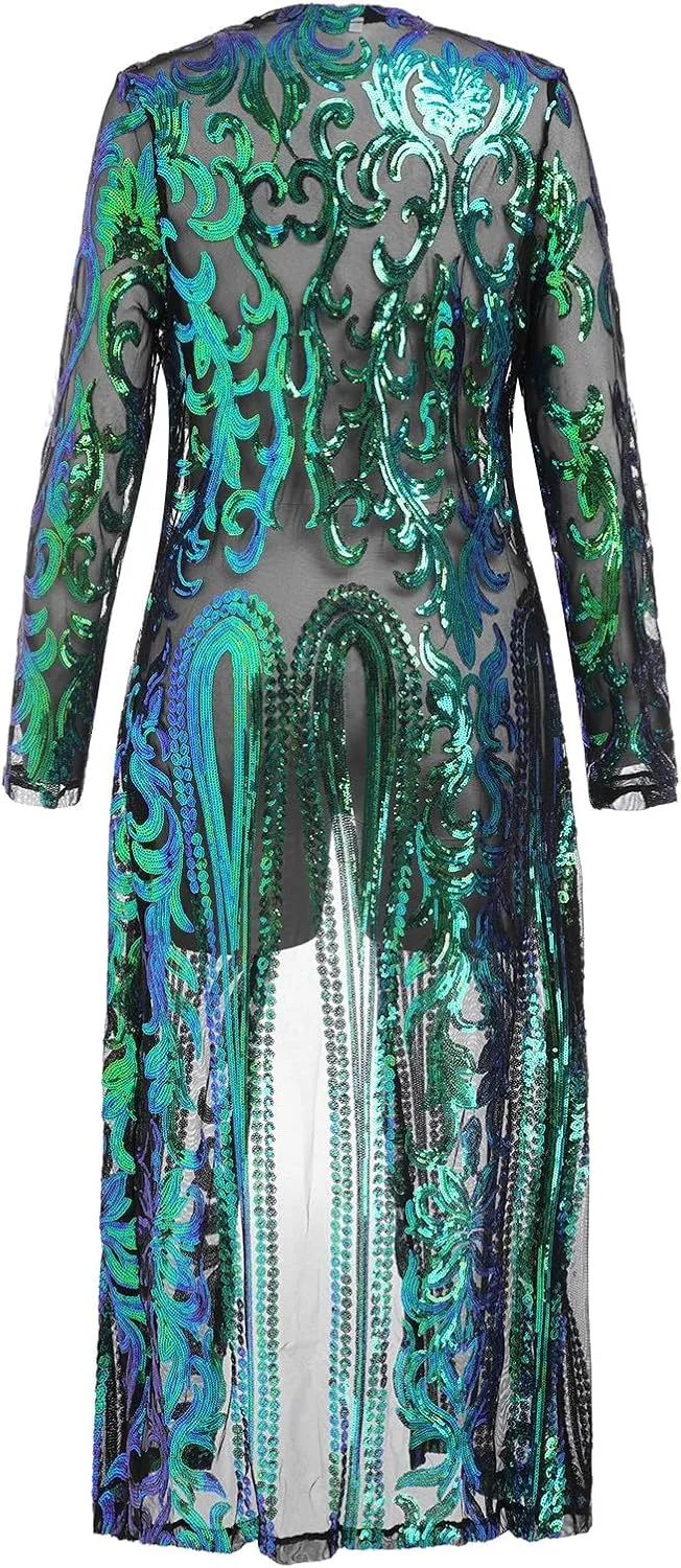Women's Cardigan Sparkle Sequins Open Front Long Sleeve Cardigan Coat Dress for Evening Party