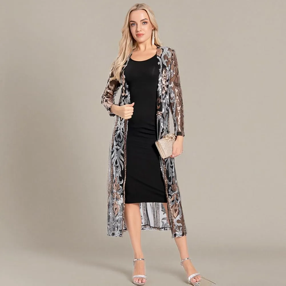 Women's Cardigan Sparkle Sequins Open Front Long Sleeve Cardigan Coat Dress for Evening Party