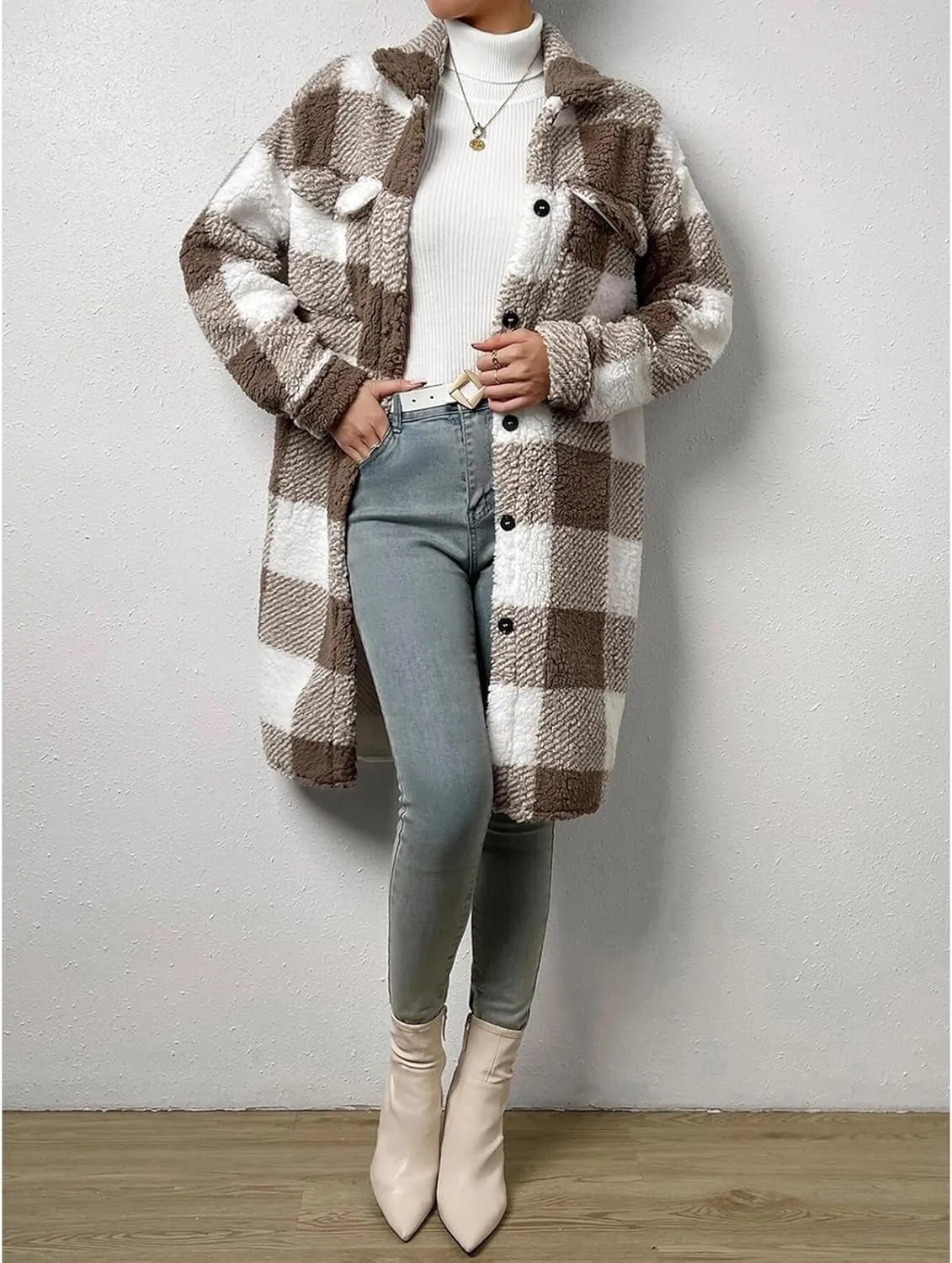 Womens Chic Plaid Print Warm Plush Long Coat, Winter Cozy Lapel Fuzzy Jacket, Casual Tartan over Shirt Trench Coat