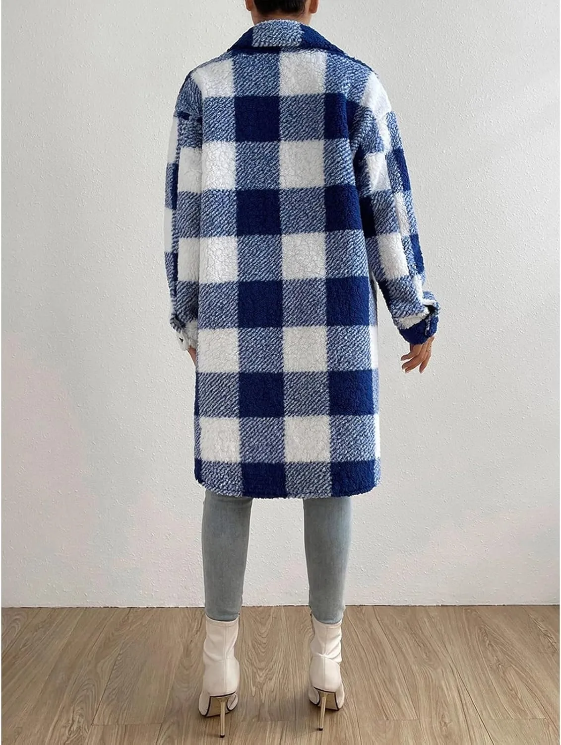 Womens Chic Plaid Print Warm Plush Long Coat, Winter Cozy Lapel Fuzzy Jacket, Casual Tartan over Shirt Trench Coat