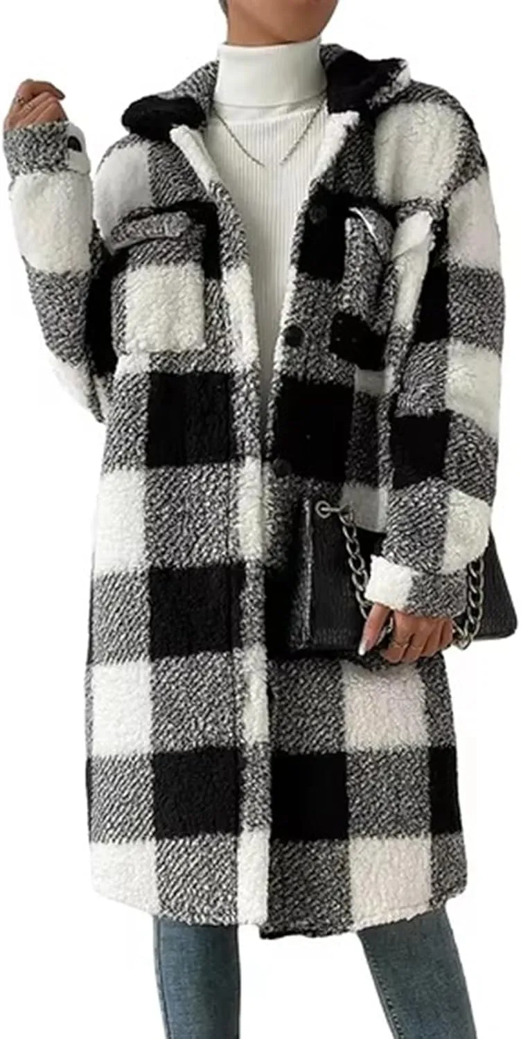 Womens Chic Plaid Print Warm Plush Long Coat, Winter Cozy Lapel Fuzzy Jacket, Casual Tartan over Shirt Trench Coat