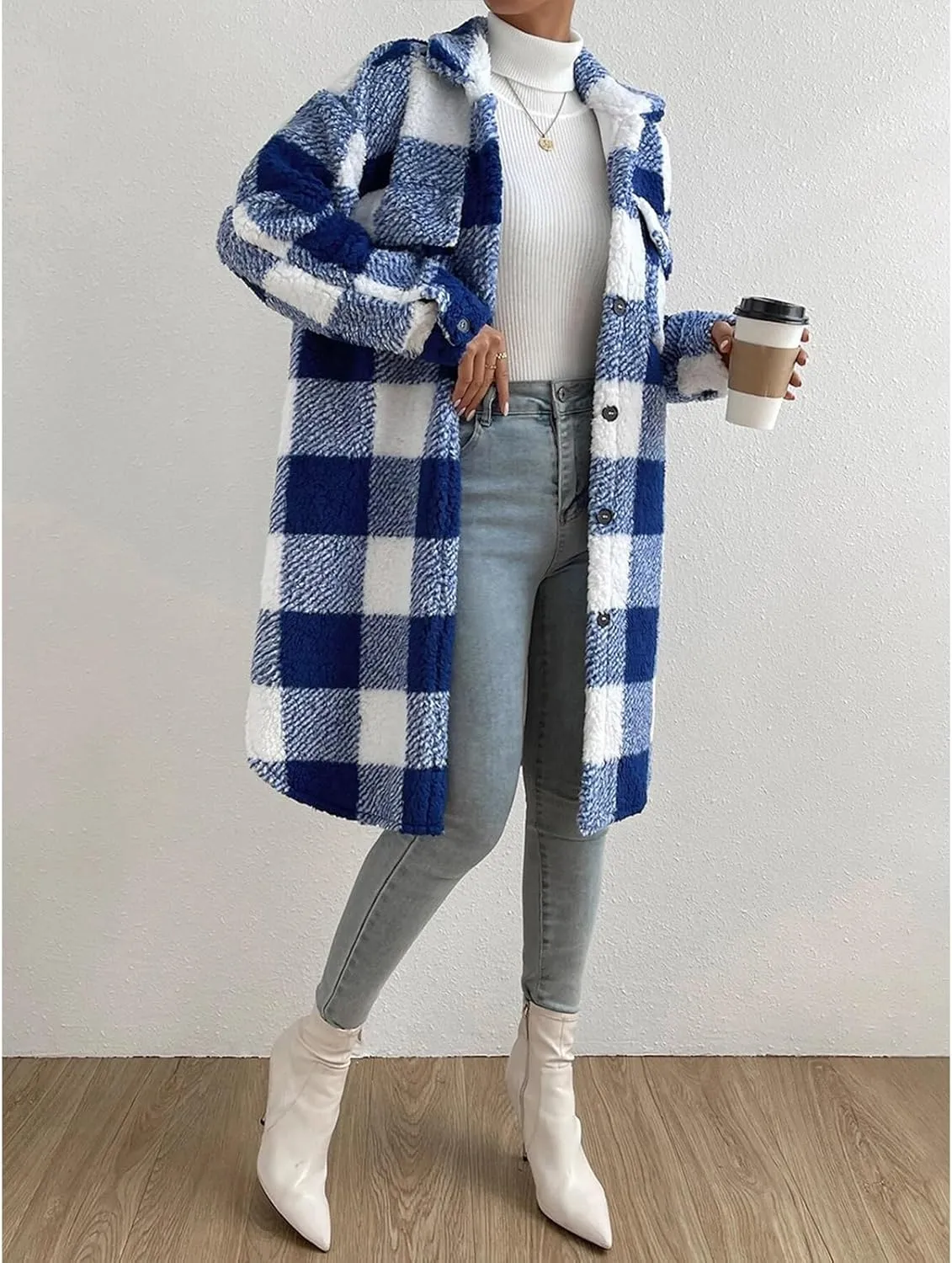 Womens Chic Plaid Print Warm Plush Long Coat, Winter Cozy Lapel Fuzzy Jacket, Casual Tartan over Shirt Trench Coat