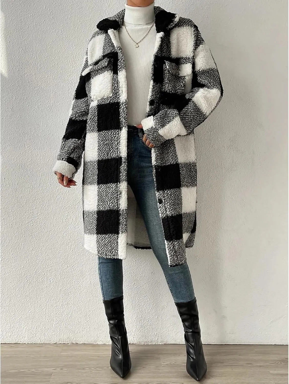Womens Chic Plaid Print Warm Plush Long Coat, Winter Cozy Lapel Fuzzy Jacket, Casual Tartan over Shirt Trench Coat