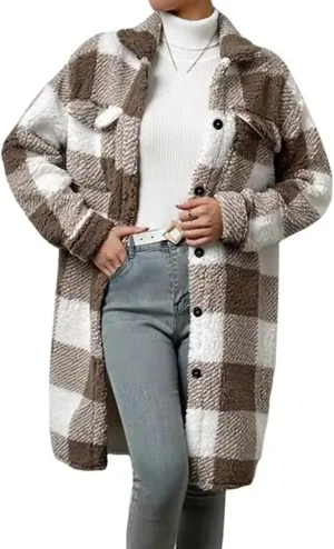 Womens Chic Plaid Print Warm Plush Long Coat, Winter Cozy Lapel Fuzzy Jacket, Casual Tartan over Shirt Trench Coat