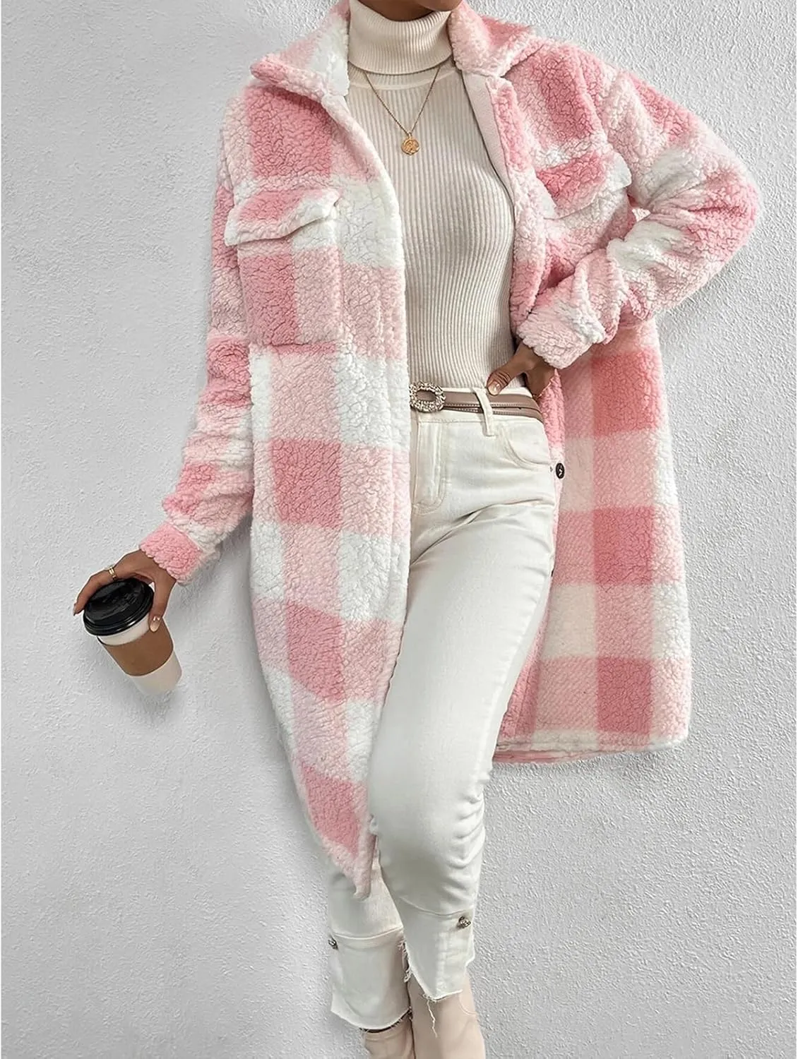 Womens Chic Plaid Print Warm Plush Long Coat, Winter Cozy Lapel Fuzzy Jacket, Casual Tartan over Shirt Trench Coat