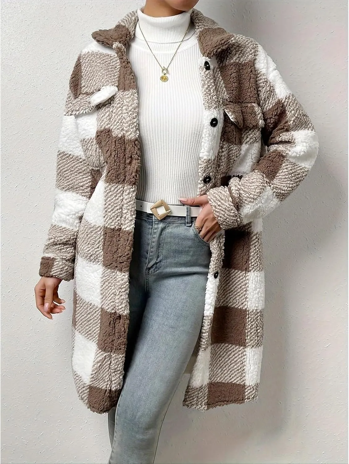Womens Chic Plaid Print Warm Plush Long Coat, Winter Cozy Lapel Fuzzy Jacket, Casual Tartan over Shirt Trench Coat