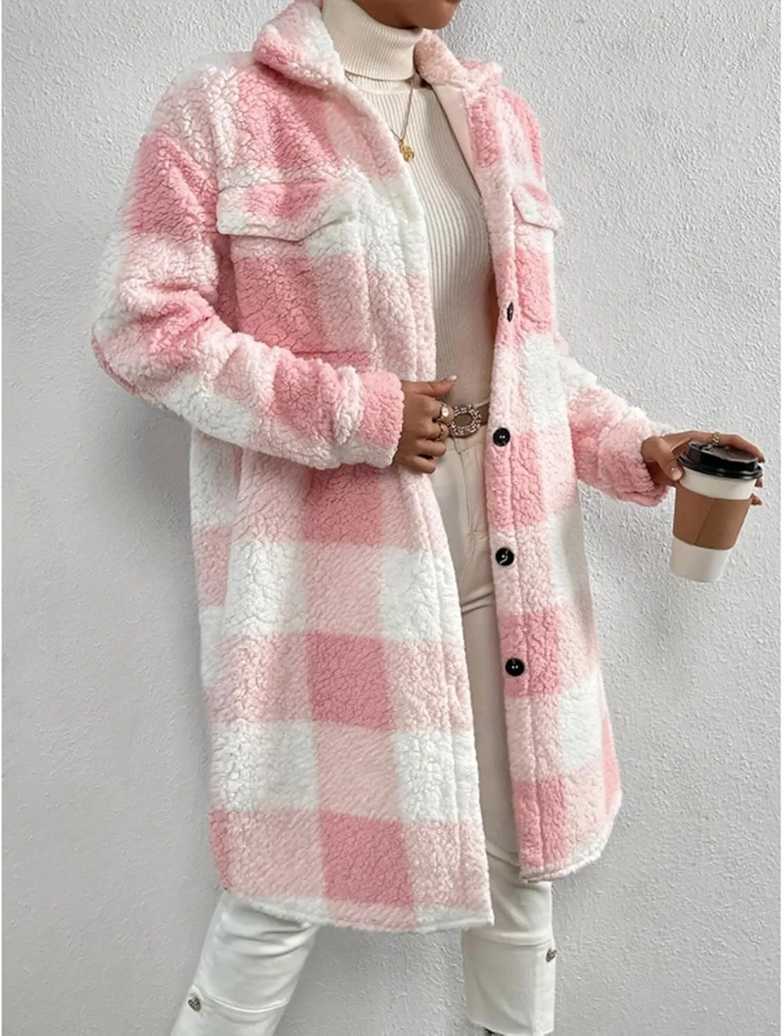 Womens Chic Plaid Print Warm Plush Long Coat, Winter Cozy Lapel Fuzzy Jacket, Casual Tartan over Shirt Trench Coat