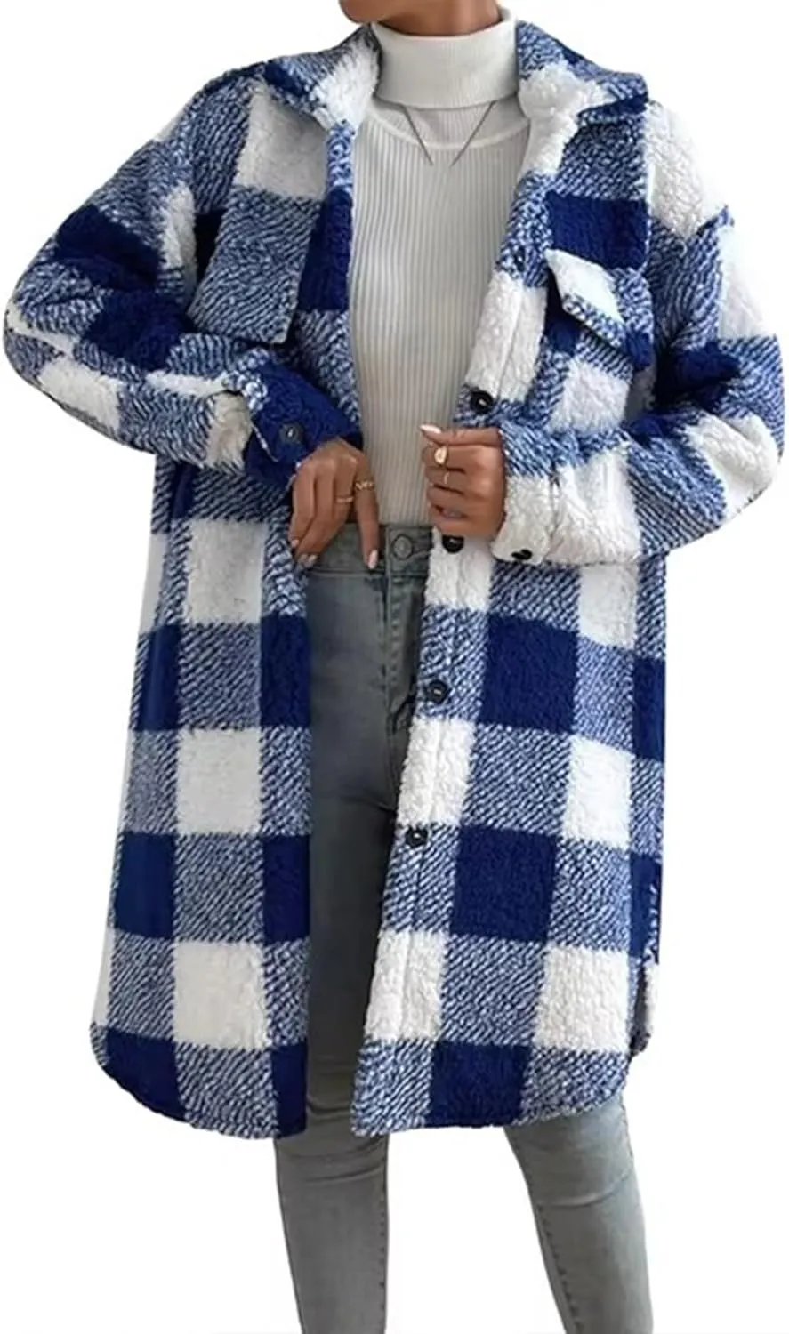 Womens Chic Plaid Print Warm Plush Long Coat, Winter Cozy Lapel Fuzzy Jacket, Casual Tartan over Shirt Trench Coat