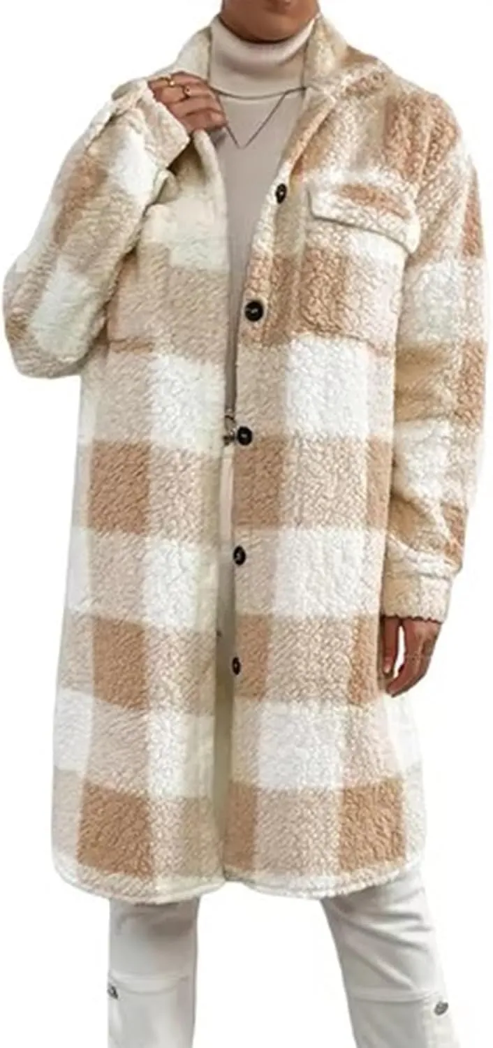 Womens Chic Plaid Print Warm Plush Long Coat, Winter Cozy Lapel Fuzzy Jacket, Casual Tartan over Shirt Trench Coat