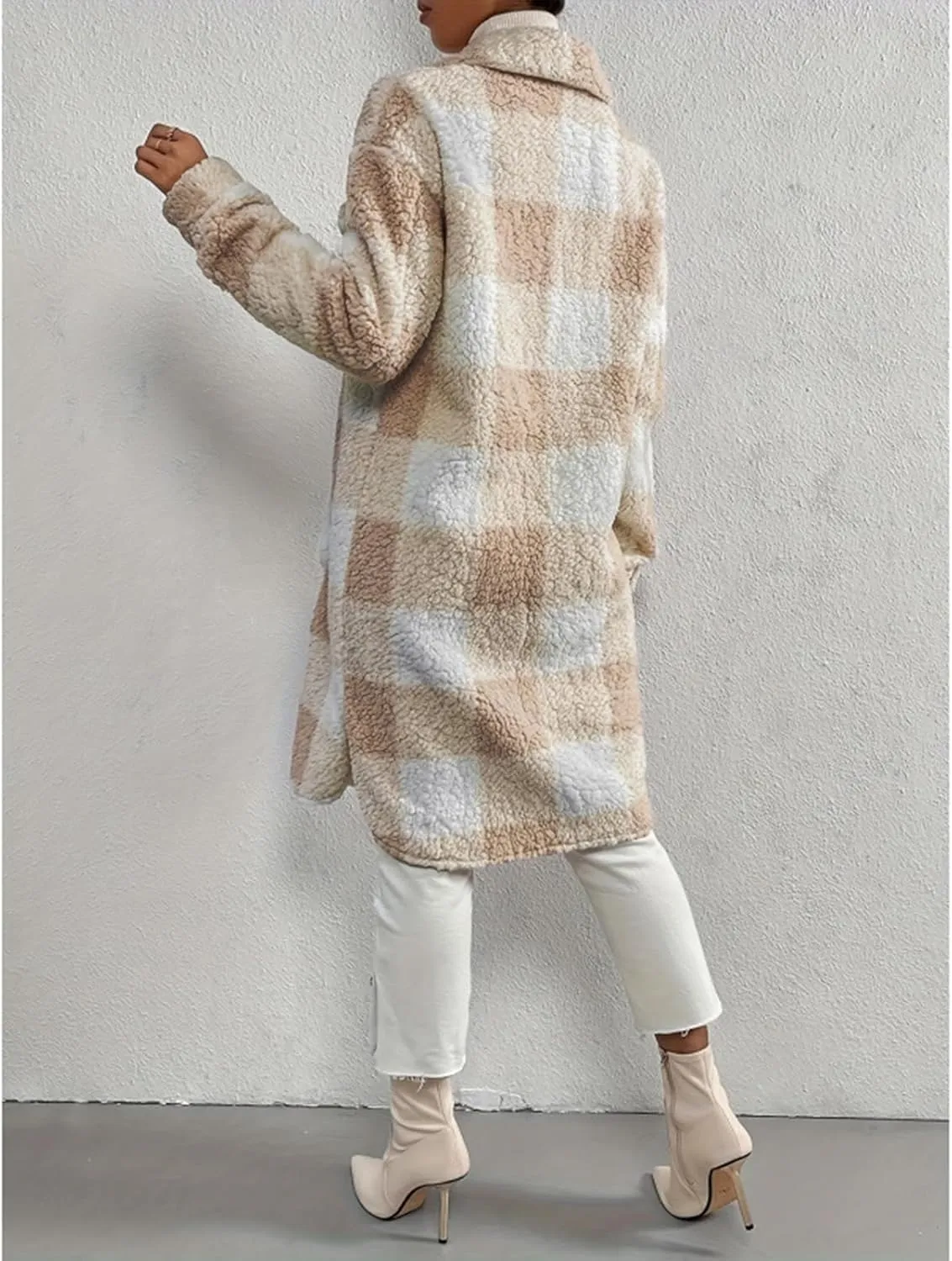 Womens Chic Plaid Print Warm Plush Long Coat, Winter Cozy Lapel Fuzzy Jacket, Casual Tartan over Shirt Trench Coat