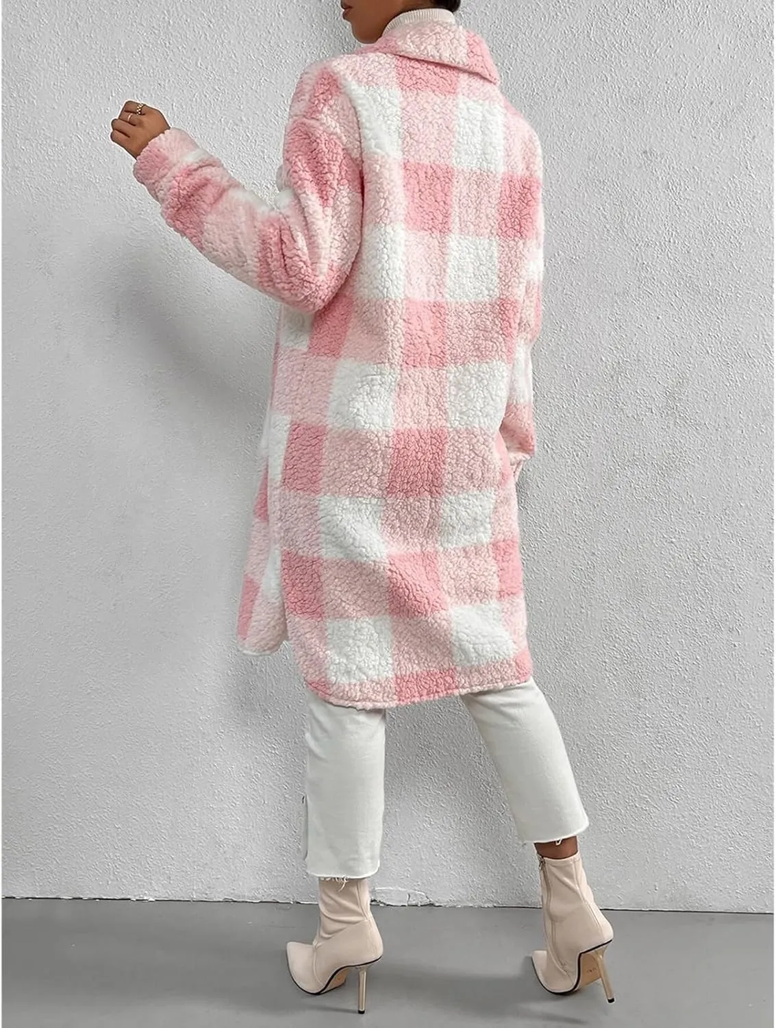 Womens Chic Plaid Print Warm Plush Long Coat, Winter Cozy Lapel Fuzzy Jacket, Casual Tartan over Shirt Trench Coat