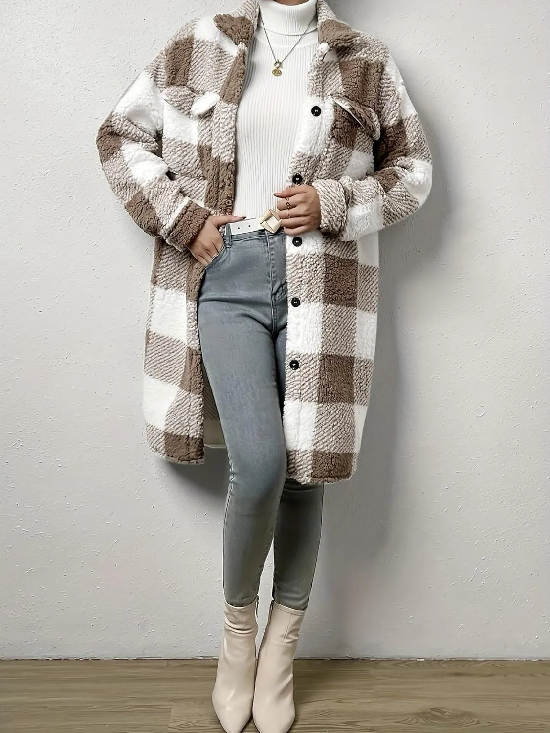 Womens Chic Plaid Print Warm Plush Long Coat, Winter Cozy Lapel Fuzzy Jacket, Casual Tartan over Shirt Trench Coat