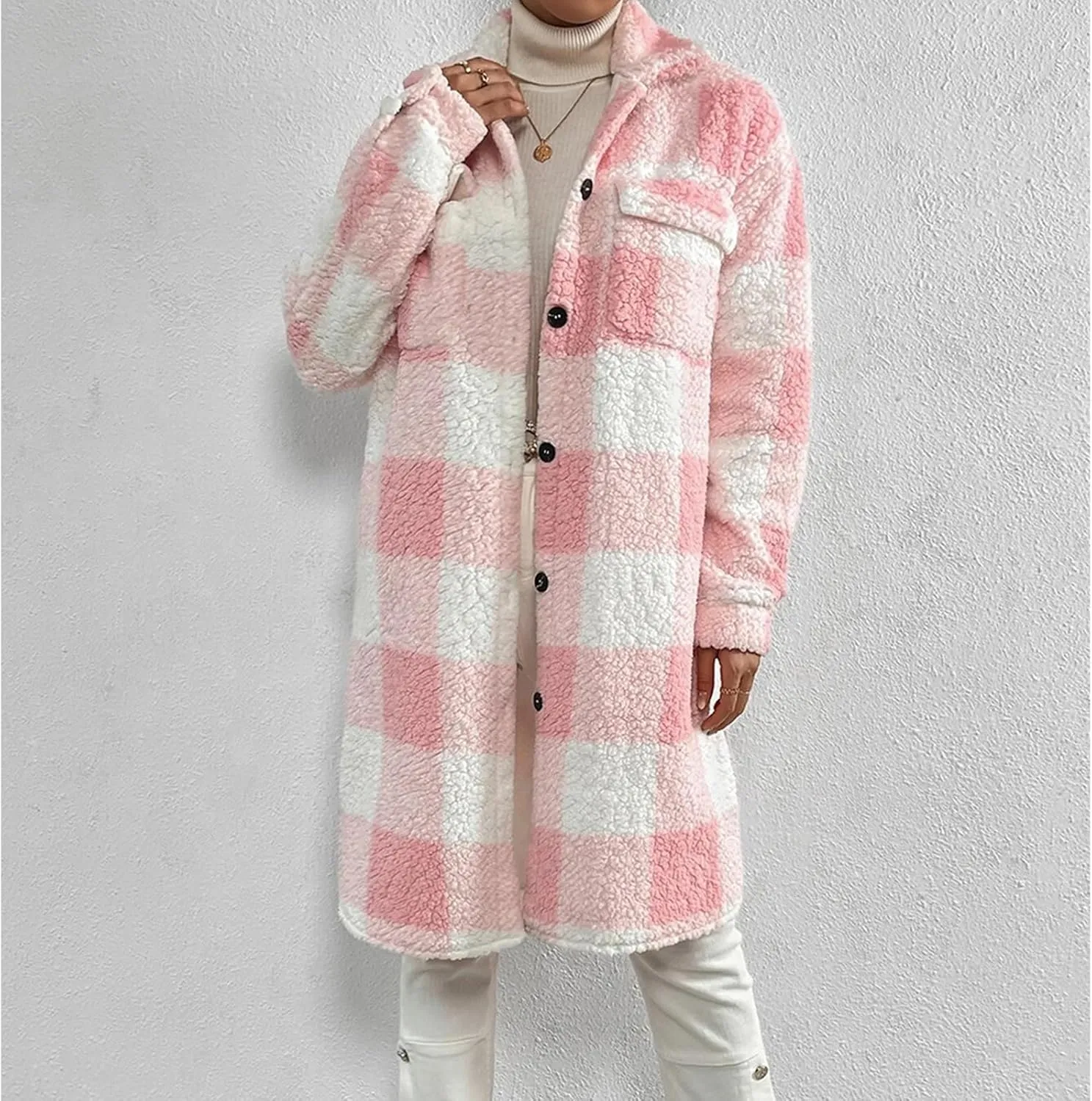 Womens Chic Plaid Print Warm Plush Long Coat, Winter Cozy Lapel Fuzzy Jacket, Casual Tartan over Shirt Trench Coat
