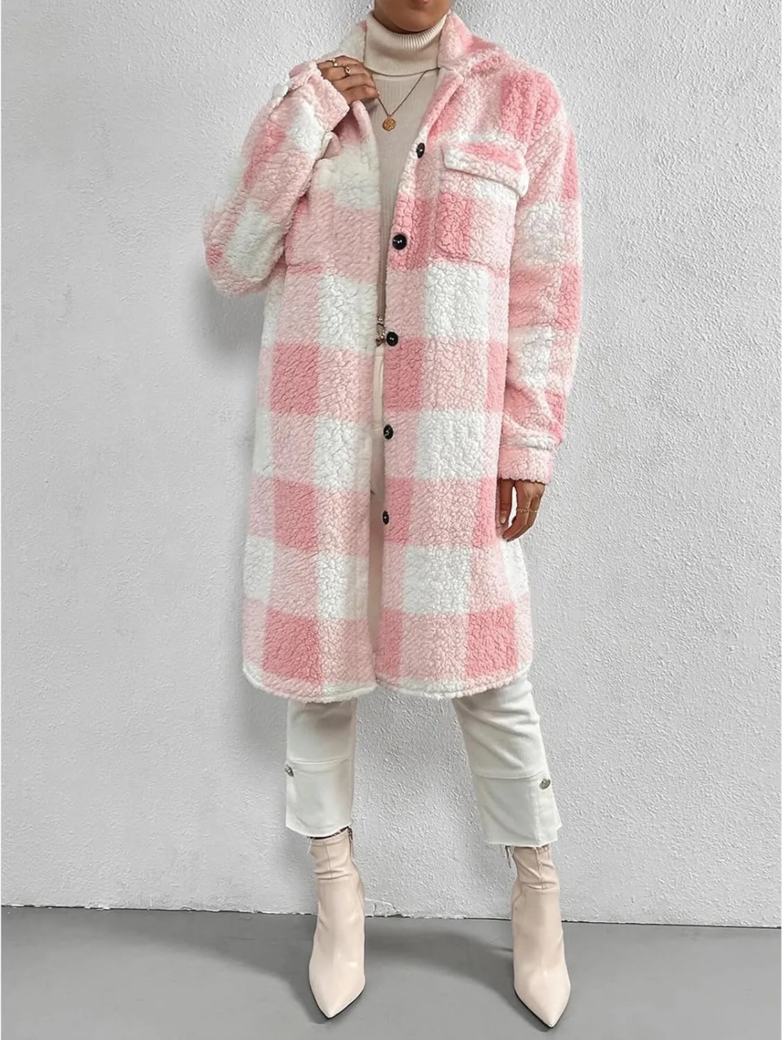 Womens Chic Plaid Print Warm Plush Long Coat, Winter Cozy Lapel Fuzzy Jacket, Casual Tartan over Shirt Trench Coat