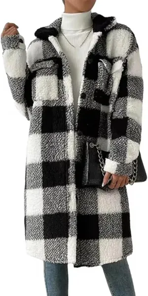 Womens Chic Plaid Print Warm Plush Long Coat, Winter Cozy Lapel Fuzzy Jacket, Casual Tartan over Shirt Trench Coat